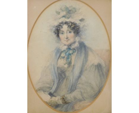 19thC English School. Portrait of a lady, quarter profile, watercolour, unsigned, 24cm x 15cm.