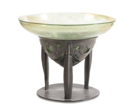 ARCHIBALD KNOX FOR LIBERTY: AN ARTS AND CRAFTS 'TUDRIC' PEWTER AND 'CLUTHA' GLASS COMPORT, model 0276, the double ogee marble