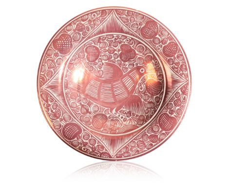 ULISSE CANTAGALLI (1839-1901): A RUBY LUSTRE POTTERY SHALLOW BOWL, the interior decorated with a stylised bird amongst scroll