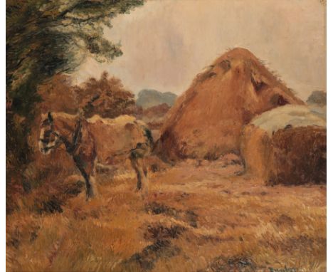*RONALD OSSORY DUNLOP (1894-1973) A farm horse by haystacks in a field, signed lower right, oil on canvas, 62cm x 75cm, Frame