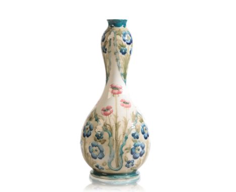 WILLIAM MOORCROFT FOR JAMES MACINTYRE &amp; CO: A 'POPPY' PATTERN VASE, c.1905, of slender double gourd from, the body tube l