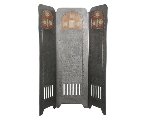 AN AUSTRIAN SECESSIONIST THREE-FOLD SCREEN, each panel with hammered, relief and cut-out decoration 110cm high x 89cm wide