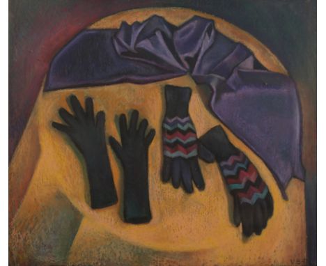 *VALERIE BARDEN (BUSTON) (b. 1938) Still life study of gloves and a purple scarf on a circular table with yellow tablecloth, 