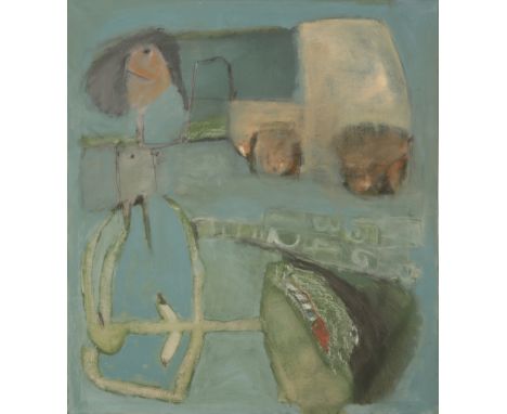 *ROGER CECIL (1942-2015) 'Button always wanted a pram', 1989, abstract figural study, signed and titled verso, oil on canvas,