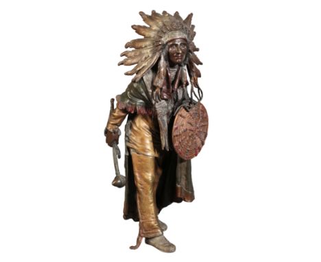 AFTER CARL KAUBA (1865-1922) A LARGE AUSTRIAN COLD-PAINTED BRONZE FIGURE OF A NATIVE AMERICAN CHIEF, indistinct impressed mar