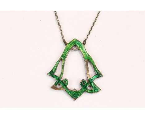 Art Nouveau green enamel pendant on chain, pendant 4cm long