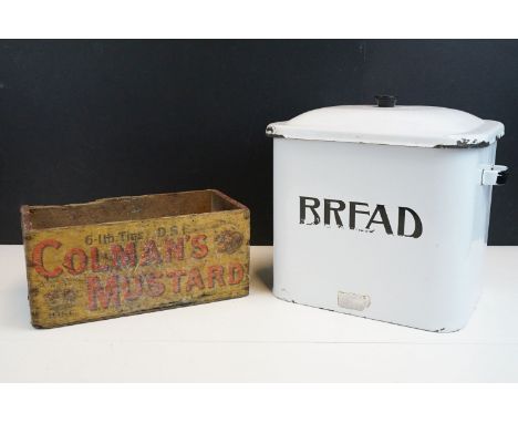 Vintage white enamel bread bin H28 together with Colman's Mustard vintage wooden advertising crate