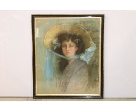 Early 20th century English school, portrait of a lady wearing a hat, pastel, inscribed lower right 'Daphne 1909', label verso