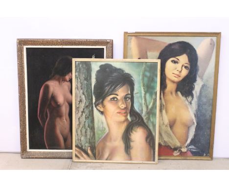 20th century Continental school, portrait of a female nude, paint on velvet, signed indistinctly lower right, 59 x 44cm, afte