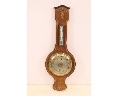 Early 20th century inlaid mahogany cased aneroid barometer, 84cm high