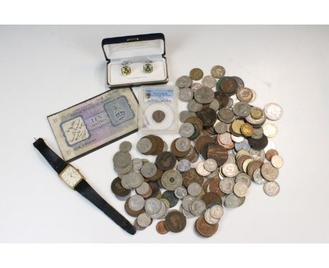 A collection of British pre decimal and world coins together with a Military banknote, Rotary watch and a pair of cased cuffl