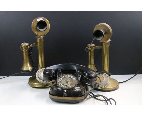 1940's Bell telephone, black with gold highlights together with two vintage brass rotary candlestick telephones, approx. H 33