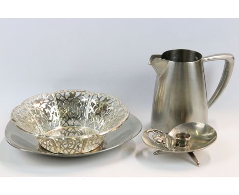 Danish silver plate candleholder marked HK, WMF silver plated pierced bowl, Danish stainless steel shallow bowl and mid centu