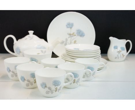 Wedgwood 'Ice Rose' Bone China tea set with tea pot, milk jug, sugar bowl, six cups, five saucers, five side plates and three