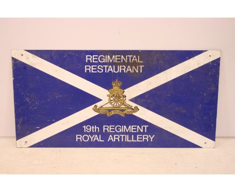 19th Regiment Royal Artillery 'Regimental Restaurant' large enamel sign, H 45cm W 92cm