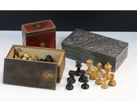 Two boxes of chess pieces to include bone examples together with a decorative pewter box.