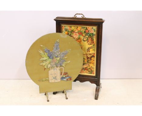 Early 20th Century Edwardian fire screen with wooden frame, together with a later screen with moulded floral spray.