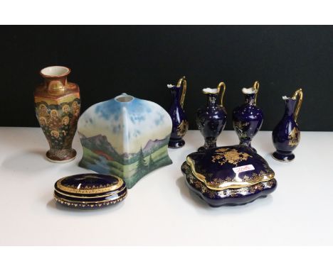 Limoges blue and gilted lidded boxes together with four small pitcher jugs, Satsuma '1000 faces' vase with character decorati