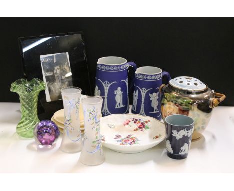 Selection of ceramics to include Royal Academy Jeffery Camp vase, two jasperware jugs, Wedgwood cups and saucers, hobnail dec