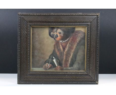 Portrait depicting a medieval plague doctor with quill pen, oil on board, 19.5 x 24.5cm, framed and glazed