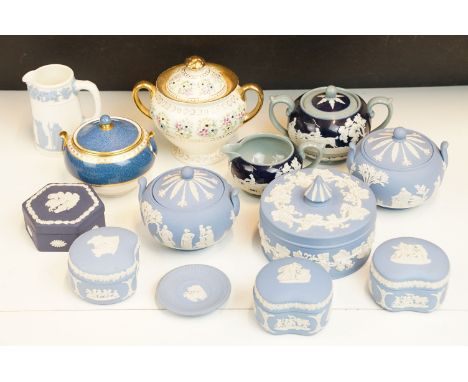 Selection of Wedgwood blue Jasperware lidded pots, miniature plate, Bone China pot H2376, embossed Queensware jug and Wellesl
