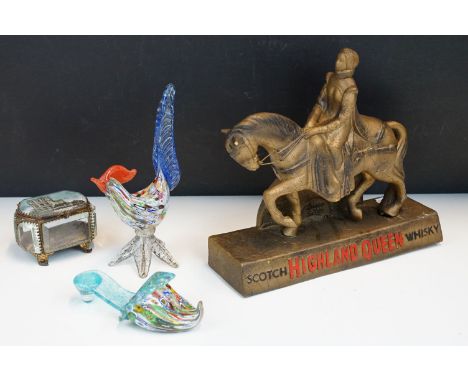 Highland Queen Scotch Whisky horse and rider vintage advertising figure together with a Millefiore decorative glass shoe and 