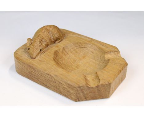 A Robert "Mouseman" Thompson oak ashtray with carved mouse signature.