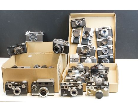 Collection of 48 compact and rangefinder film cameras including brands Yashica Argus, Olympus, Canon, Voighlander, Kodak, Fuj