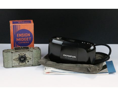 Olympus Stylus 35mm compact film camera in case with manual together with a boxed Ensigm Midget miniature camera