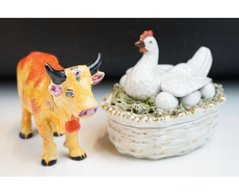 Herend Village Pottery hand painted cow together with a ceramic hen lidded egg pot with gilt finish 