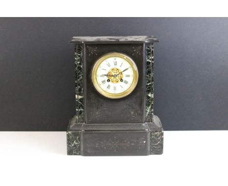 French V.R slate and marble mantel clock with roman numerals and brass bezel with gilt decoration, H 33cm, W 28cm, D 15cm