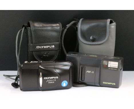 A pair of cased Olympus 35mm compact film cameras to include an Olympus mji II zoom 80 and an Olympus AF-1 both in 