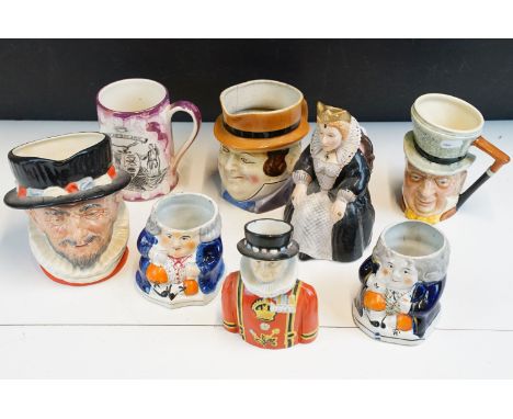 Assortment of character portrait Toby jugs to include Queen Elizabeth, pair of judges, Sandland Ware 'Mr Micawber', Wood and 