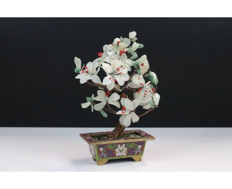 Mid 20th century Chinese hard natural stone flower bonsai tree in enamel cloisonne planter, H 20cm