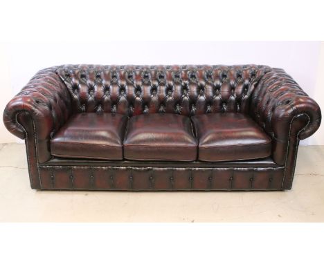 Chesterfield oxblood leather button back three seater sofa, approx. W 189cm, H 67, D 86cm