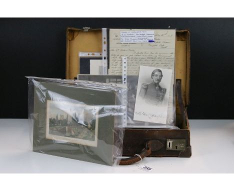 Leather briefcase containing mixed ephemera including: engravings, military photo, 1917 letter of condolence including local 