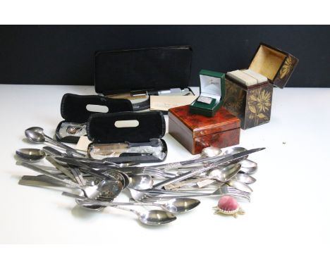 A Polerwork card box together with a turtle pin cushion, scouting badge, viners cutlery and a selection of engineering measur
