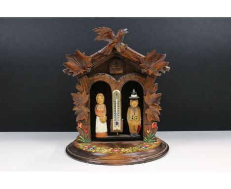 Vintage hand carved Black Forest thermometer with rotating figures, hand painted, H 29cm