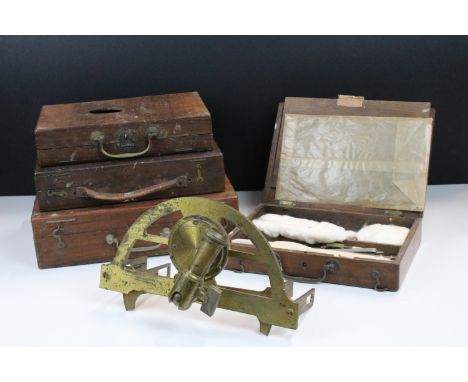 Collection of wooden boxes, contents to include drawing tools, artists paints, palette and brushes together with a brass sext