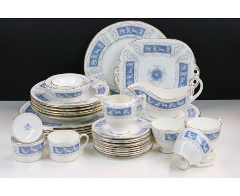 Large collection of Coalport Revelry dinner service items with blue and cherub border to include six dinner plates, six soup 