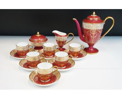 Royal Worcester mid 20th Century coffee set to include coffee pot, jug, sugar bowl, and six cups and saucers. Black marks to 