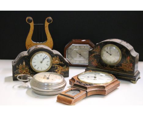 Assorted clocks to include History craft, Smith Electric Art Deco mantle clock, large stopwatch, novelty harp and oriental st