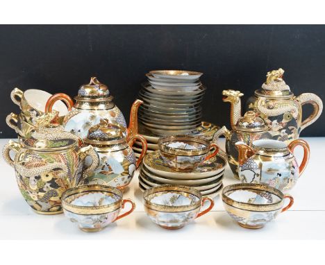 Oriental hand painted and gilded tea service to include two teapots, lidded jug, milk jug, two lidded double handled jars, fo