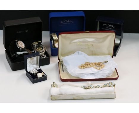 A small collection of vintage costume jewellery and a selection of wristwatches to include a Rotary example. 