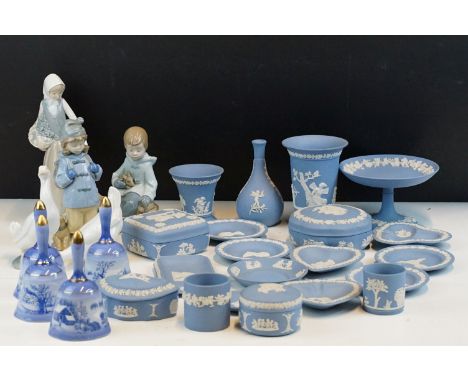 Selection of Wedgwood blue Jasperware to include lidded boxes, plates and vases together with four Currier and Ives landscape