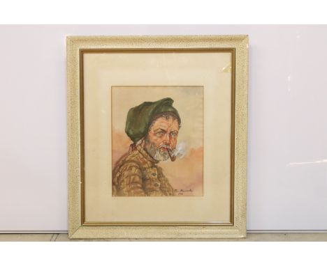 Continental school, portrait of a man smoking a pipe, watercolour, signed indistinctly lower right P**** Marintho and dated 1