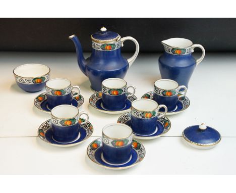 Maling, Newcastle on Tyne coffee set, blue with fruit border, to include six cups and saucers, coffee pot, milk jug and sugar