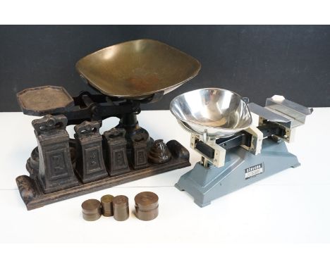 Vintage weighing scales to include a Stevens and cast iron example 