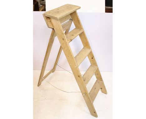 Vintage set of folding stripped pine step ladders, 116cm high