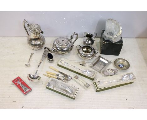 Assortment of silver plated items to include Dansk designs spiral candle stick, teapot, coffee pot, boxed Cristofle Cluny cut